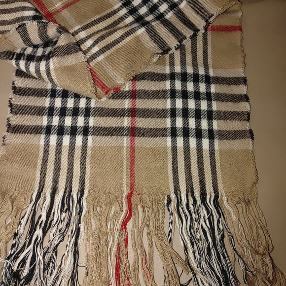 Nova Check Beige Plaid Scarf Wrap Blend Fringe 60 by 12 Classic Checkered Patter - Picture 8 of 9